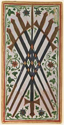 De Zeven van Zwaarden, facsimile van een tarotkaart uit het 